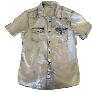 Guess Denim Shirt‎ Short Sleeve Western Style Bleach Wash Slim Fit Medium